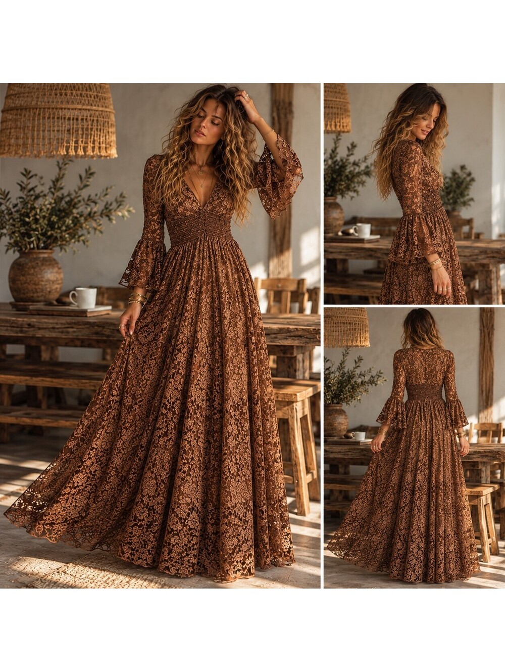 NEW Brown Long Sleeve Lace Maxi Dress - Large